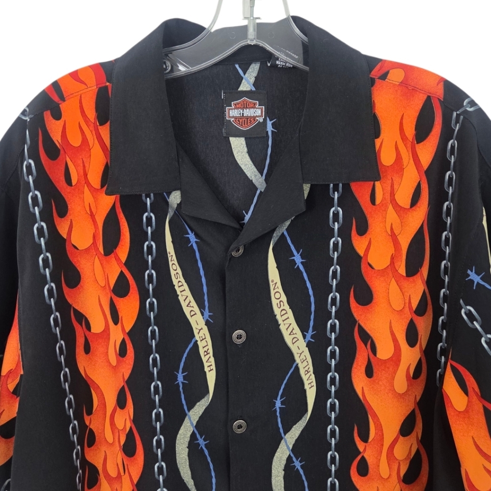 Harley Davidson Y2K Chain Flames Button Down Shirt Mens Large Tori Richard Black - Picture 2 of 9